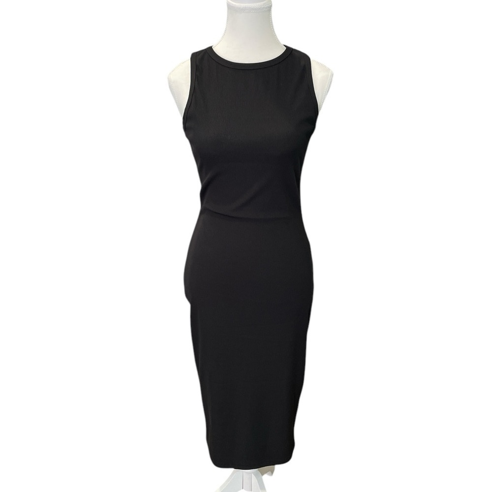 Elegant Black Sleeveless Midi Ribbed Stretchy Racerback Dress Small
